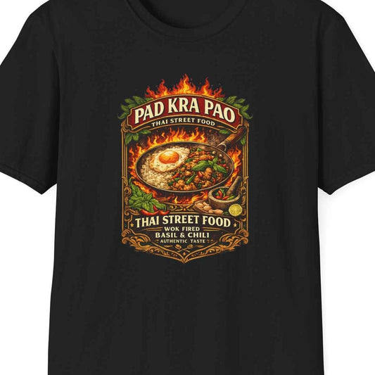 Pad Kra Pao T-Shirt schwarz Thai Street Food Graphic Tee Unisex Vorderansicht – Design Nahaufnahme