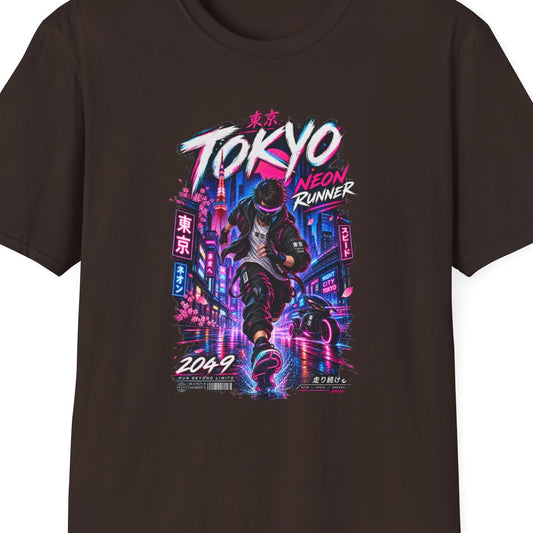 Dark Chocolate Tokyo Neon Runner T-Shirt – Design Nahaufnahme