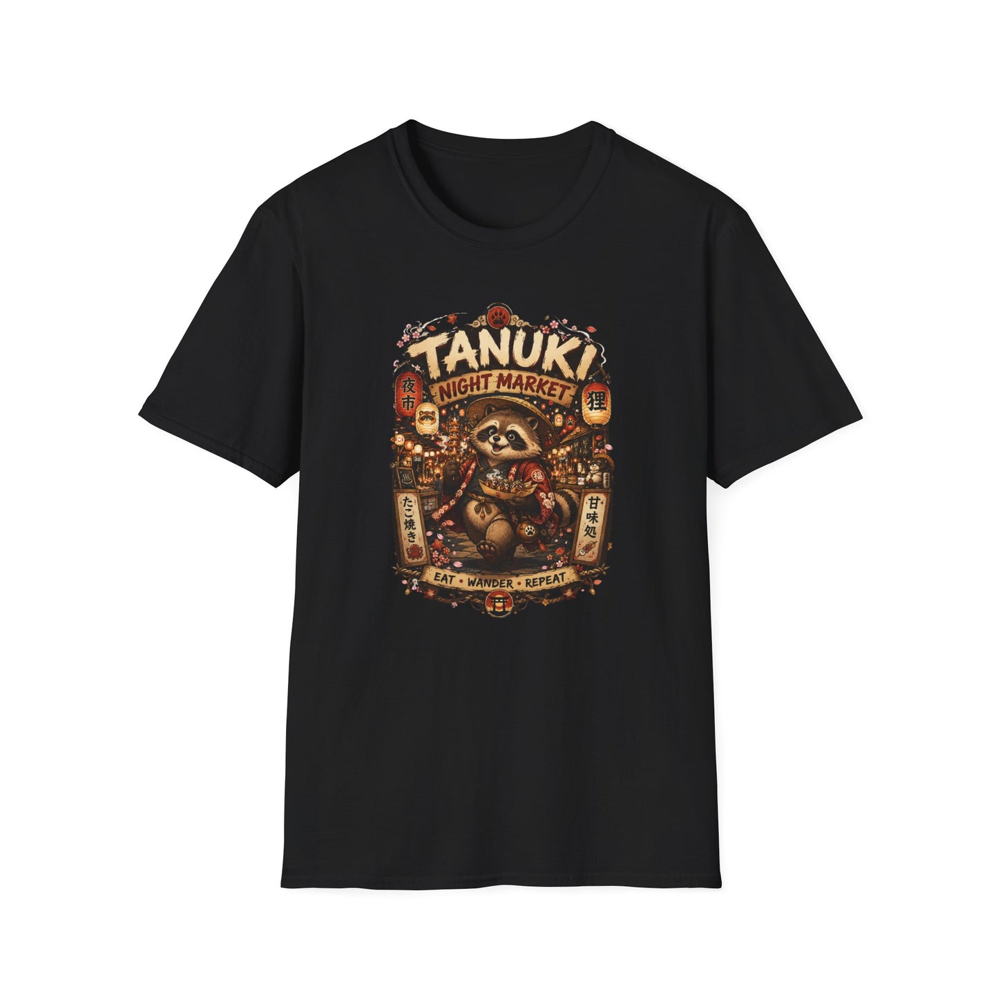 Tanuki Night Market T-Shirt Weiß Japanische Folklore Graphic Tee Streetwear Geschenk