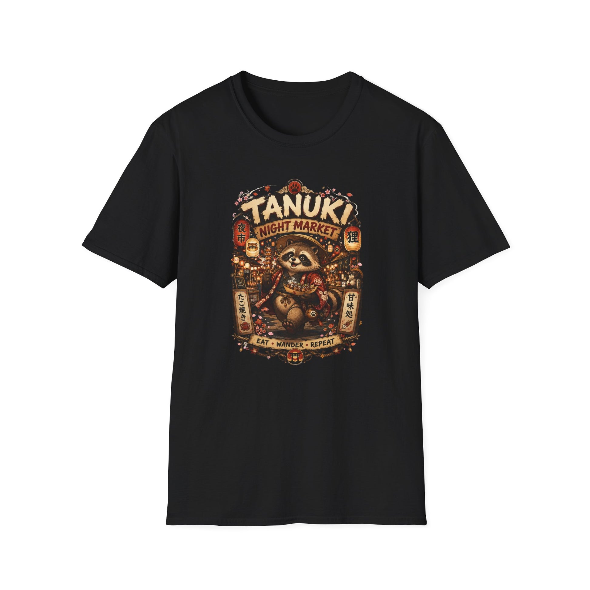 Tanuki Night Market T-Shirt Weiß Japanische Folklore Graphic Tee Streetwear Geschenk