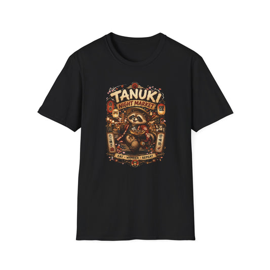 Tanuki Night Market T-Shirt Weiß Japanische Folklore Graphic Tee Streetwear Geschenk