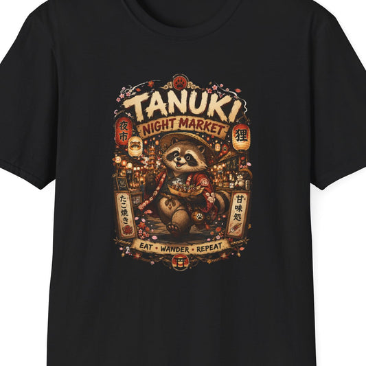 White Tanuki Night Market T-Shirt – Design Nahaufnahme