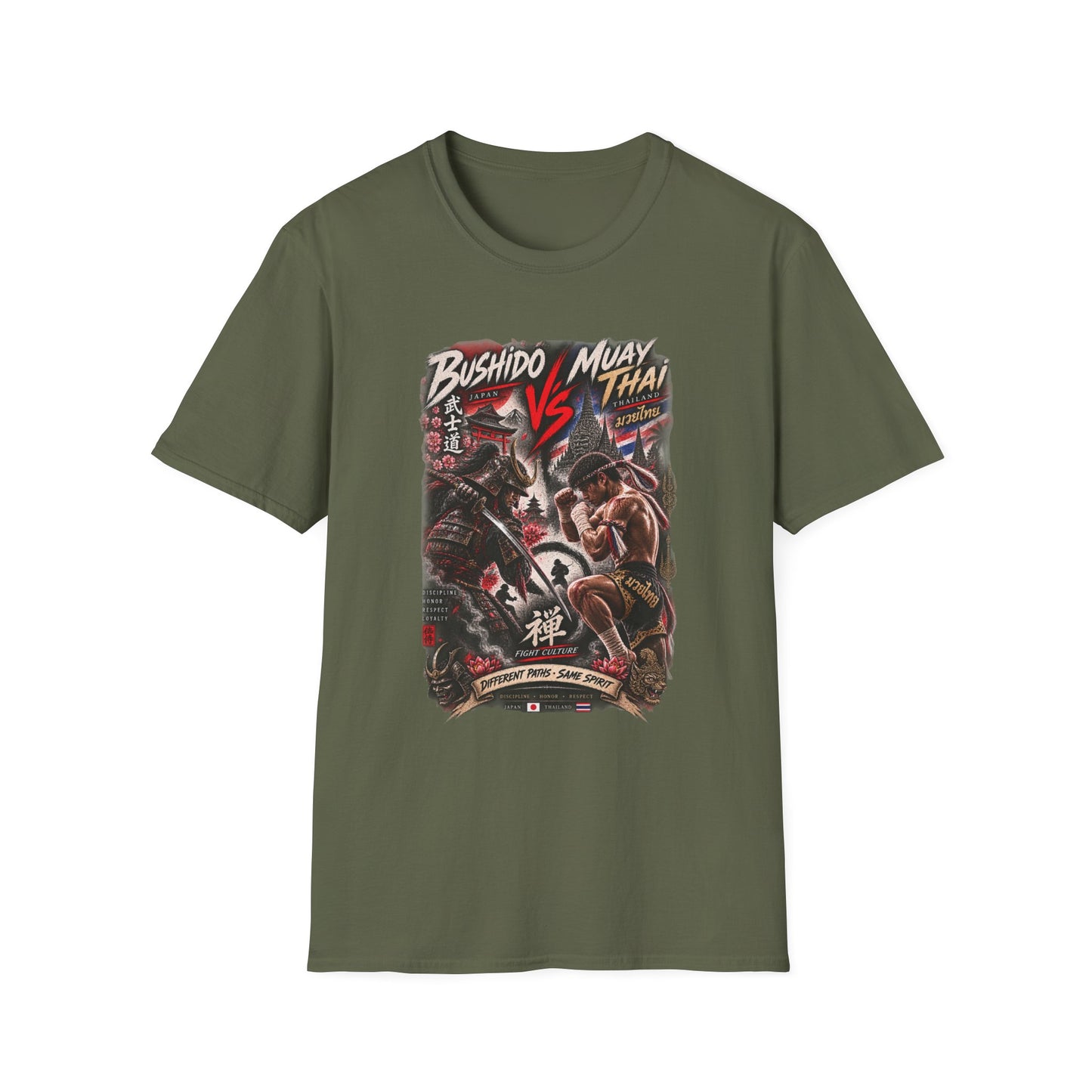 Bushido vs Muay Thai T-Shirt Military Green — Samurai Streetwear Vorderansicht