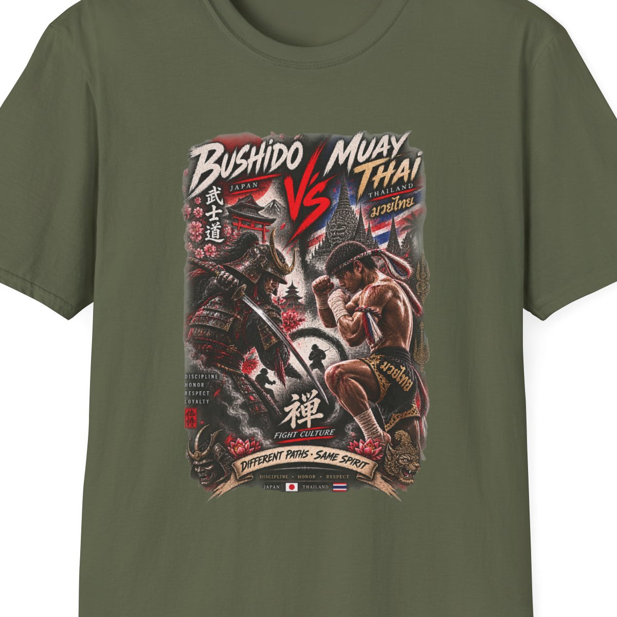 Bushido vs Muay Thai T-Shirt Military Green — Samurai Kämpfer Streetwear Vorderansicht