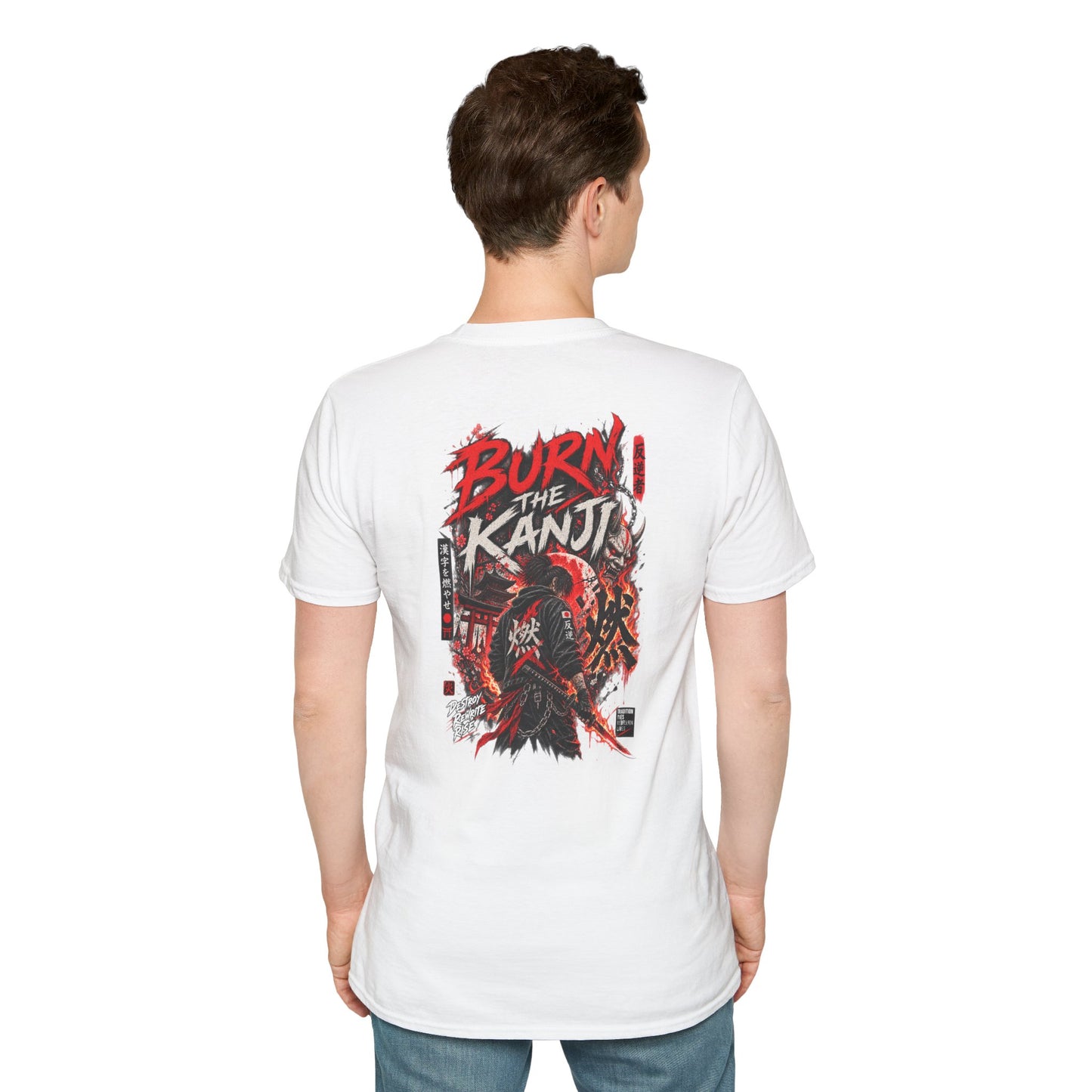 Burn The Kanji T-Shirt weiss getragen — Samurai Kanji Rueckansicht am Model