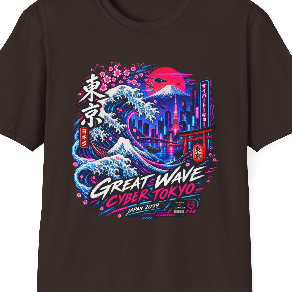 Dark Chocolate Neon Tokyo Wave T-Shirt – Design Nahaufnahme