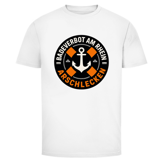 „Badeverbot am Rhein? Arschlecken.“ – T-Shirt Designdetail Nahaufnahme