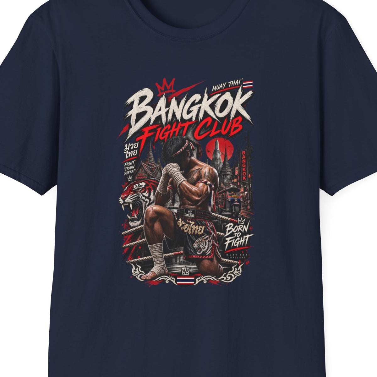 Navy Muay Thai Crown Fighter T-Shirt – Design Nahaufnahme