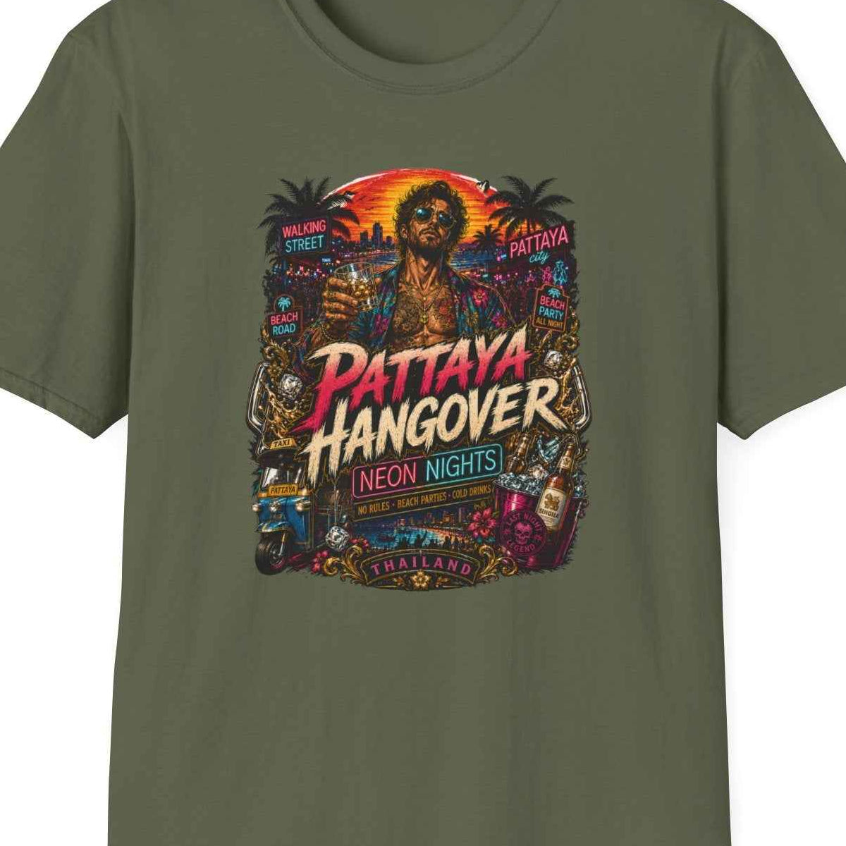 Pattaya Hangover T-Shirt Military Green Thailand Nightlife Graphic Tee – Design Nahaufnahme