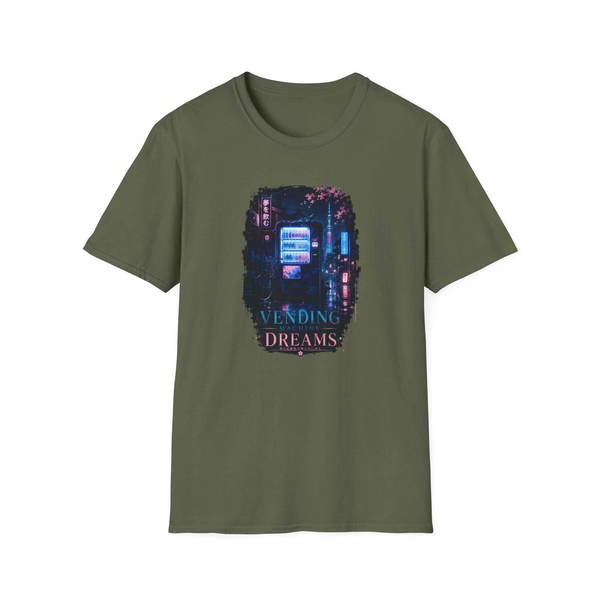 Vending Machine Dreams T-Shirt Military Green Neon Tokyo Graphic Tee