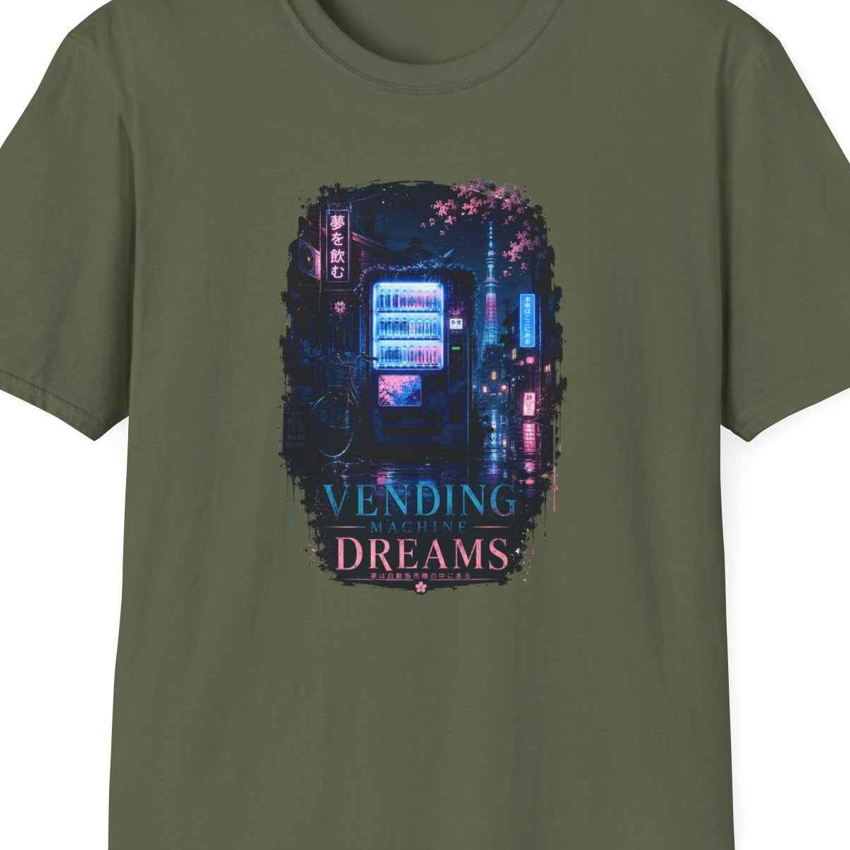 Vending Machine Dreams T-Shirt Military Green Neon Tokyo Graphic Tee – Design Nahaufnahme