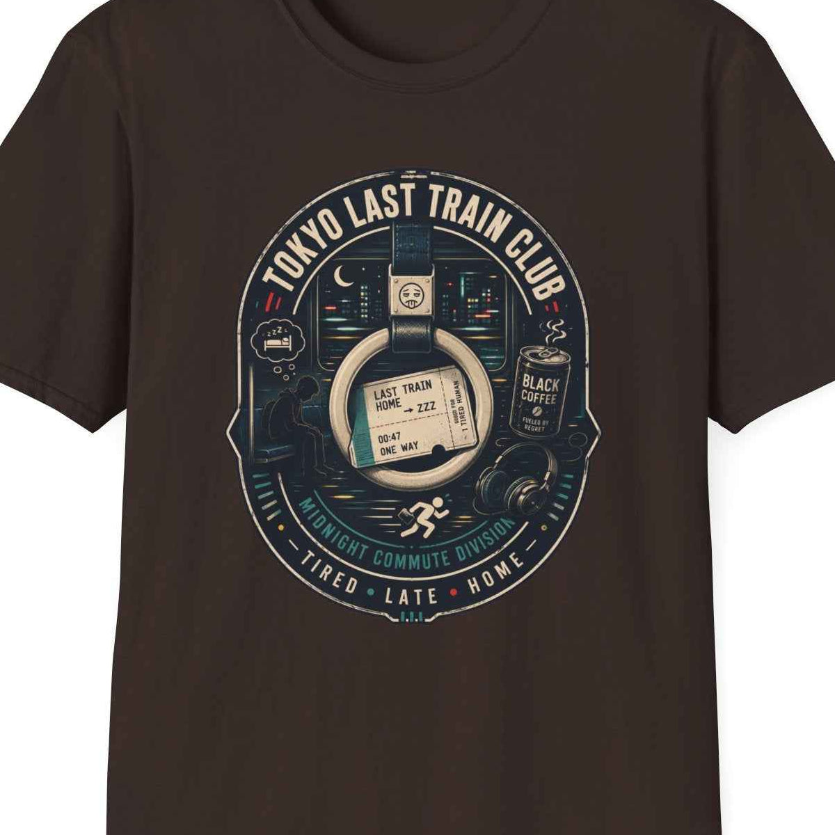 Tokyo Last Train Club T-Shirt Vorderansicht Unisex Streetwear – Design Nahaufnahme