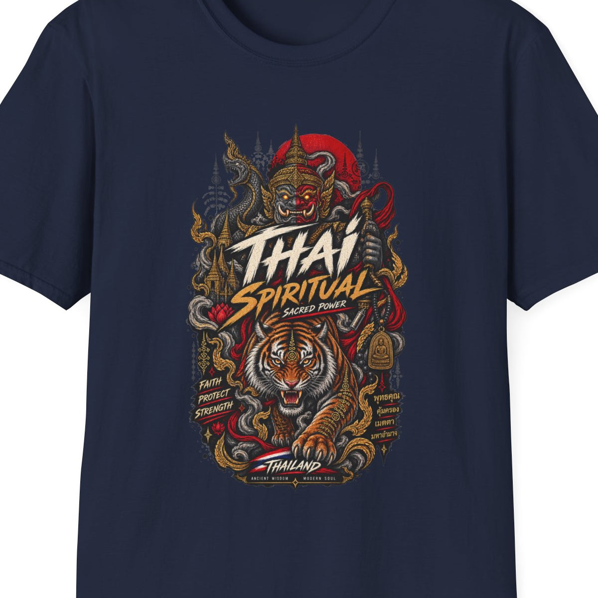 Thai Spiritual T-Shirt Navy - Thai Streetwear Vorderansicht – Design Nahaufnahme