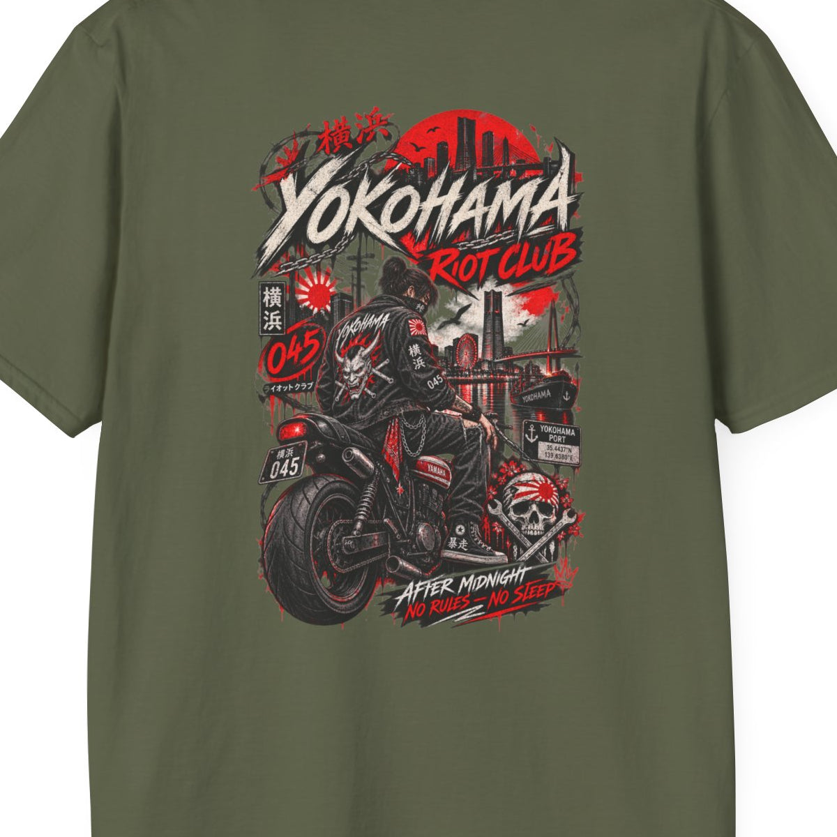 Yokohama Night Rider T-Shirt Military Green — Japan Streetwear Vorderansicht – Design Nahaufnahme