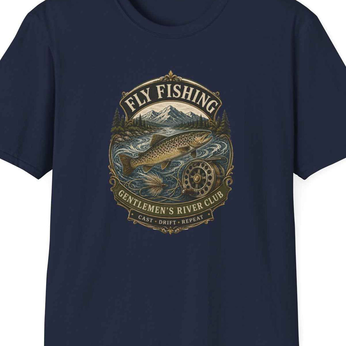 Fliegenfischen T-Shirt Navy blau — Fly Fishing Vatertagsgeschenk Vorderansicht – Design Nahaufnahme