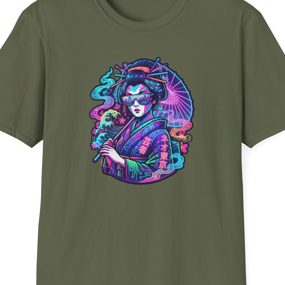 Military Green Neon Geisha T-Shirt – Design Nahaufnahme
