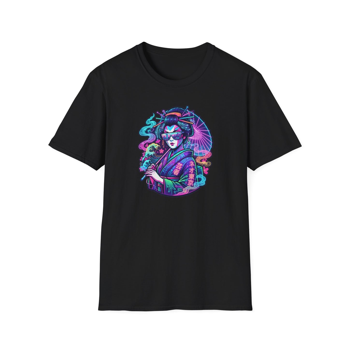 Neon Geisha T-Shirt Design Detail - Cyberpunk Japanese Streetwear Artwork