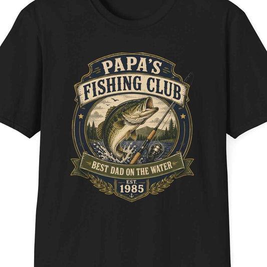 Papa's Fishing Club Angler T-Shirt – Bester Papa am Wasser, Vatertagsgeschenk – Design Nahaufnahme