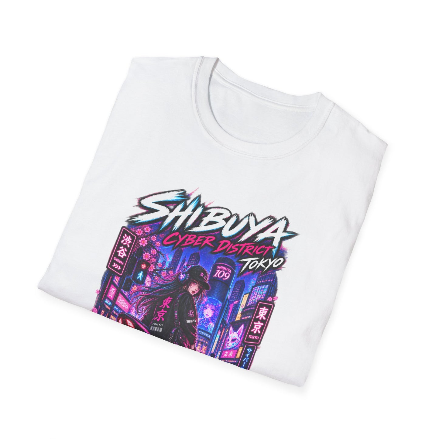 Shibuya Cyber District T-Shirt gefaltet – Tokyo Neon Design Detailansicht