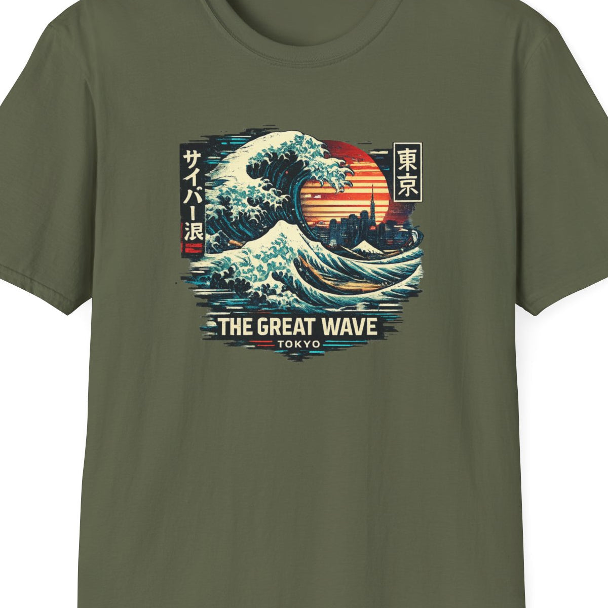 Military Green Great Wave Tokyo T-Shirt – Design Nahaufnahme