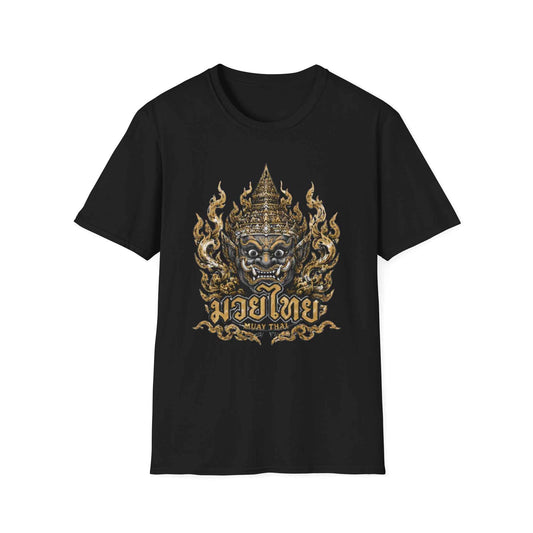 Muay Thai Yaksha Guardian T-Shirt Designdetail goldene Yaksha Maske Kranok Flammen Nahaufnahme