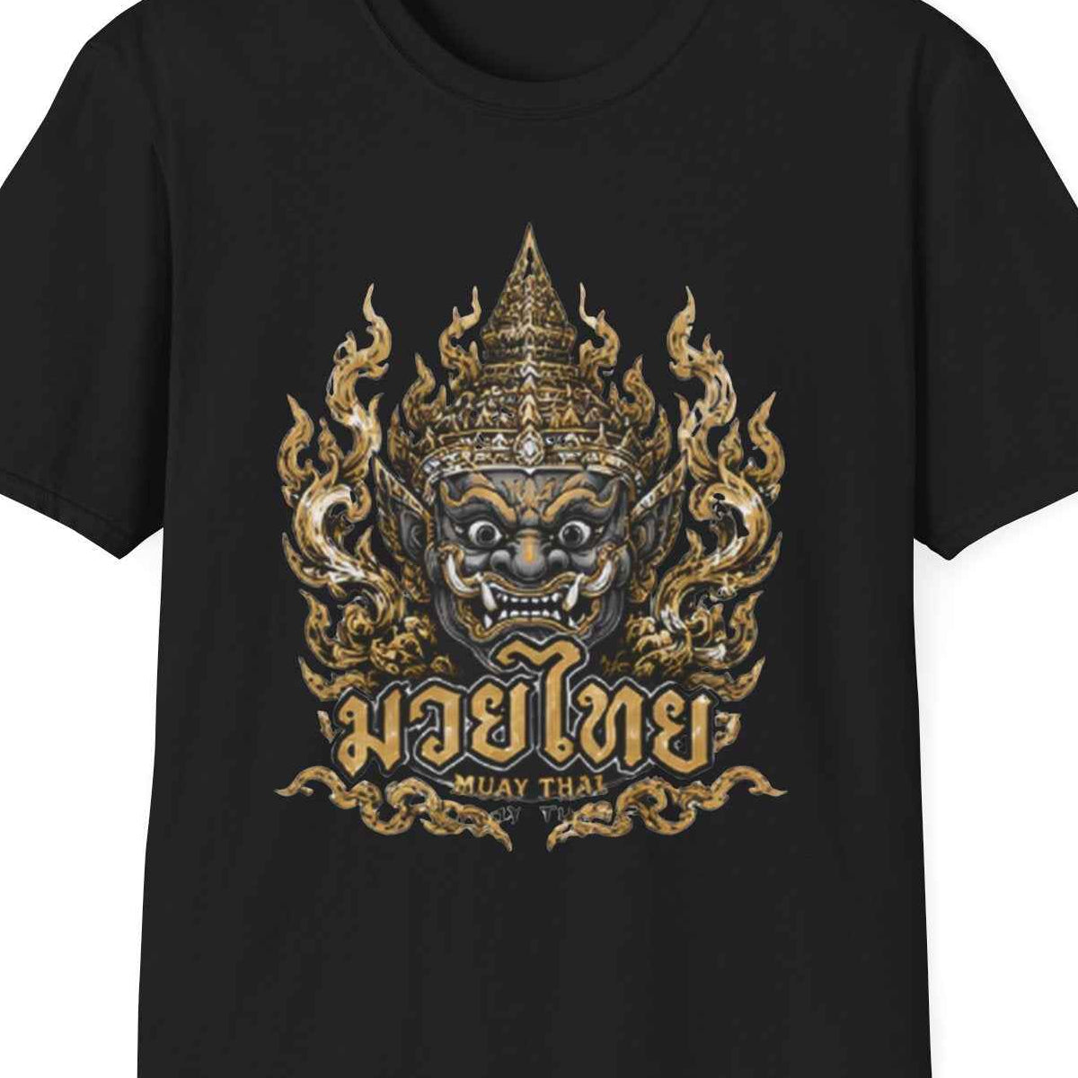 Muay Thai Yaksha Guardian T-Shirt Designdetail goldene Yaksha Maske Kranok Flammen Nahaufnahme – Design Nahaufnahme