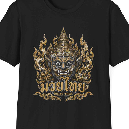 Muay Thai Yaksha Guardian T-Shirt Designdetail goldene Yaksha Maske Kranok Flammen Nahaufnahme – Design Nahaufnahme