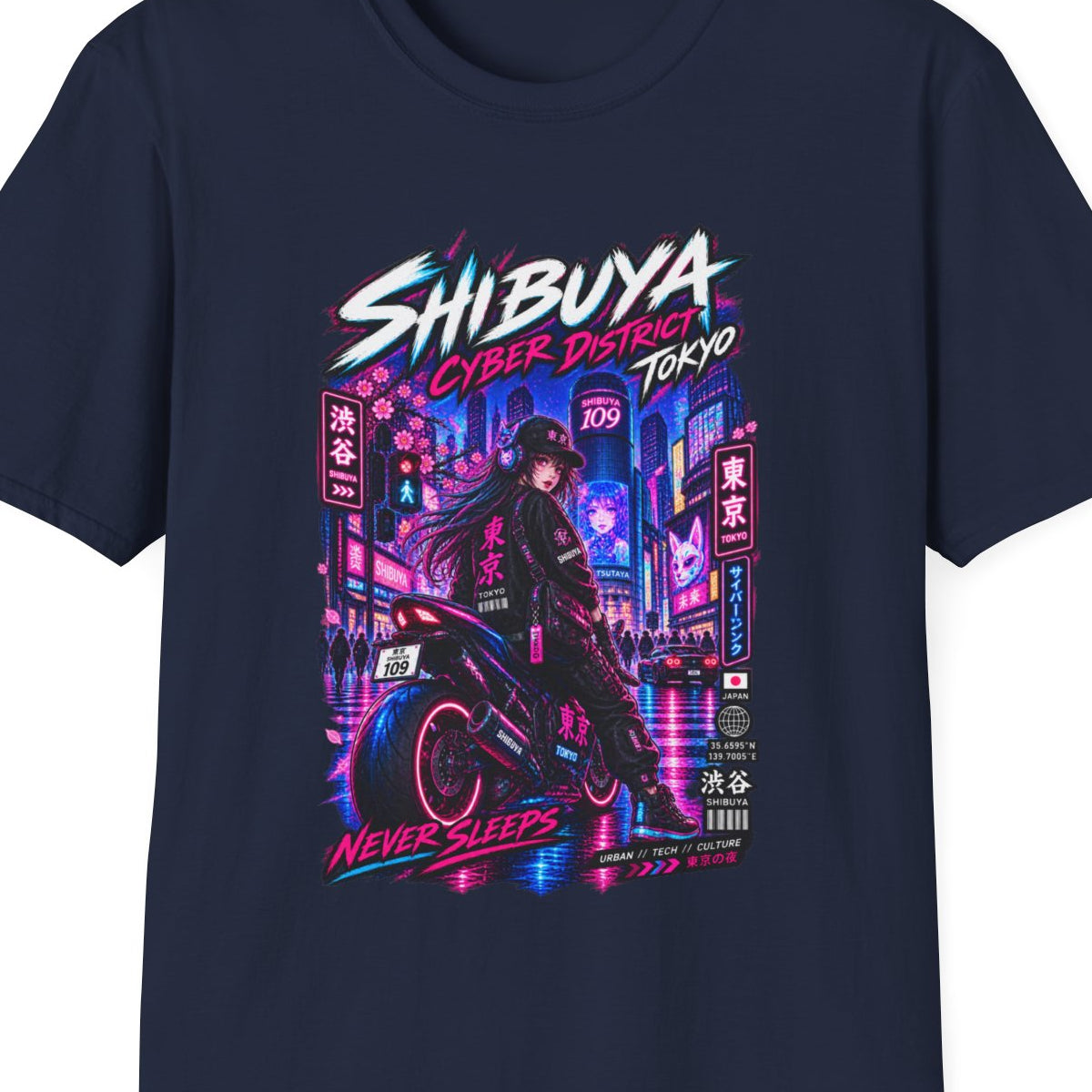 Shibuya Cyber District T-Shirt Navy – Cyberpunk Streetwear Vorderansicht – Design Nahaufnahme