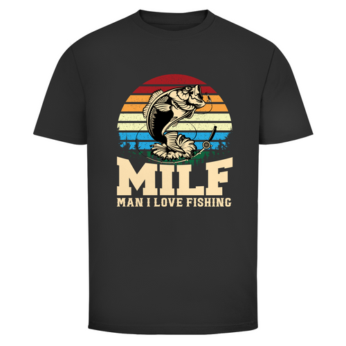 MILF — Man I Love Fishing · Angler T-Shirt Herren · Retro Sunset