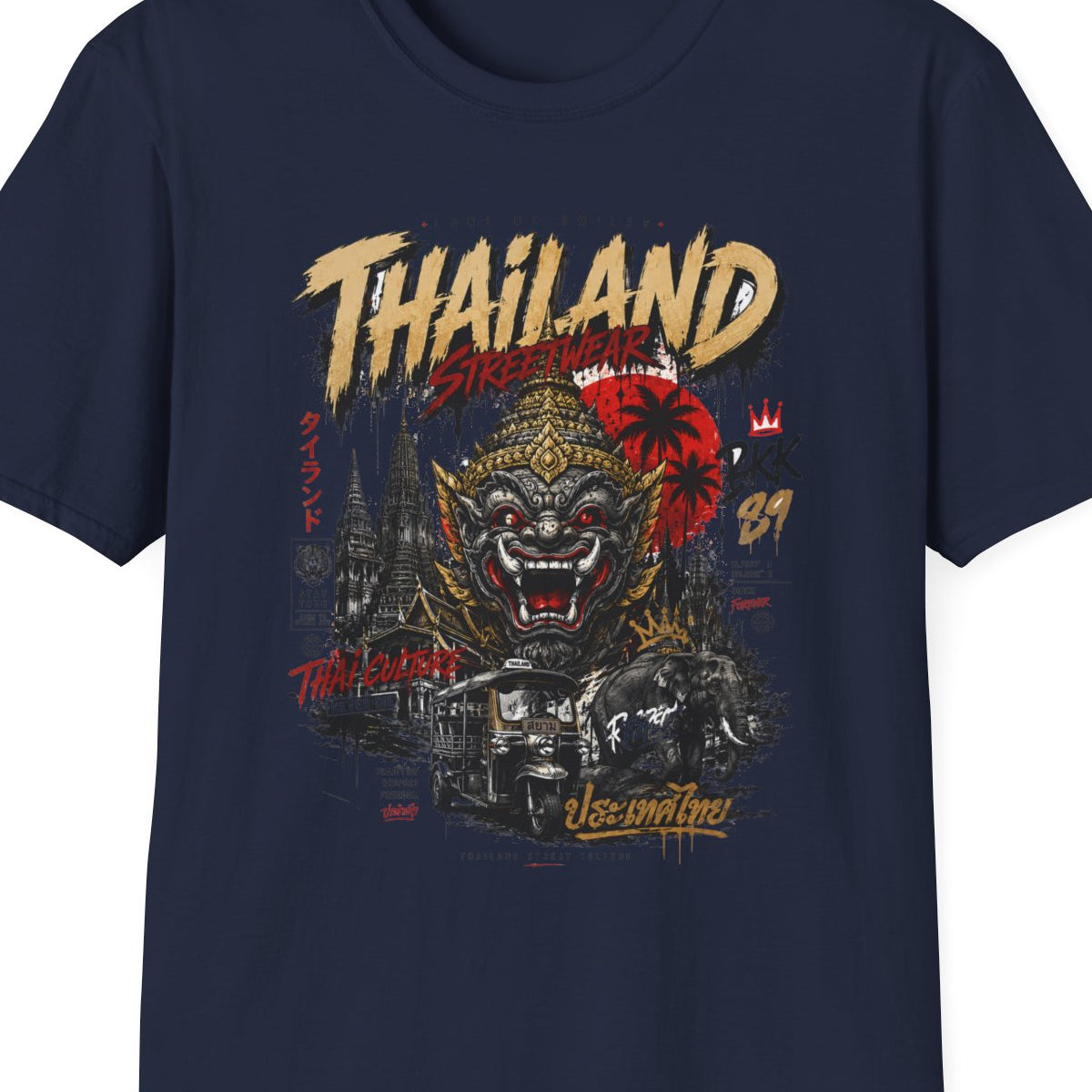 Thailand Streetwear T-Shirt navy — Asian Streetwear Yaksha Maske Unisex – Design Nahaufnahme
