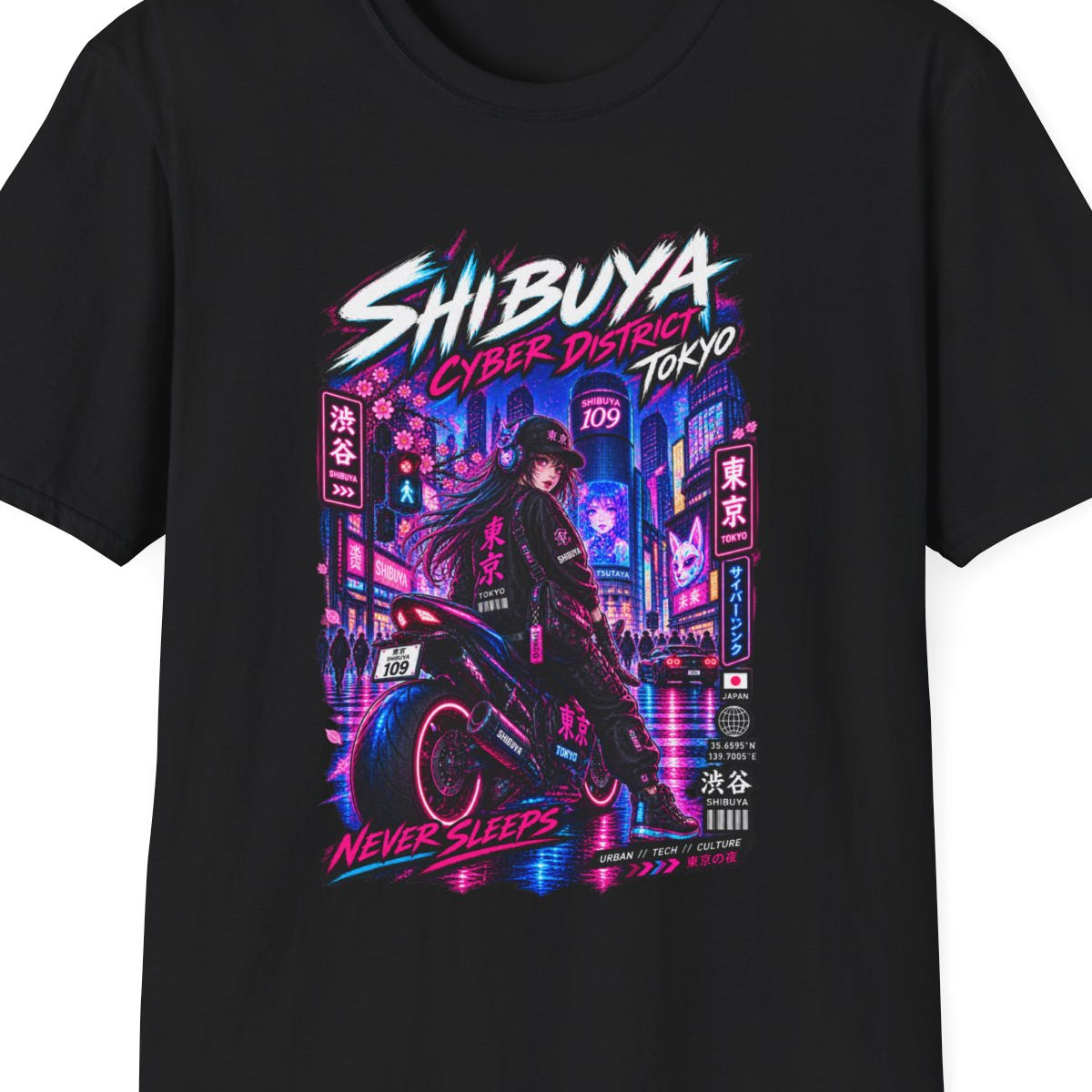 Shibuya Cyber District T-Shirt Schwarz – Cyberpunk Streetwear Vorderansicht – Design Nahaufnahme