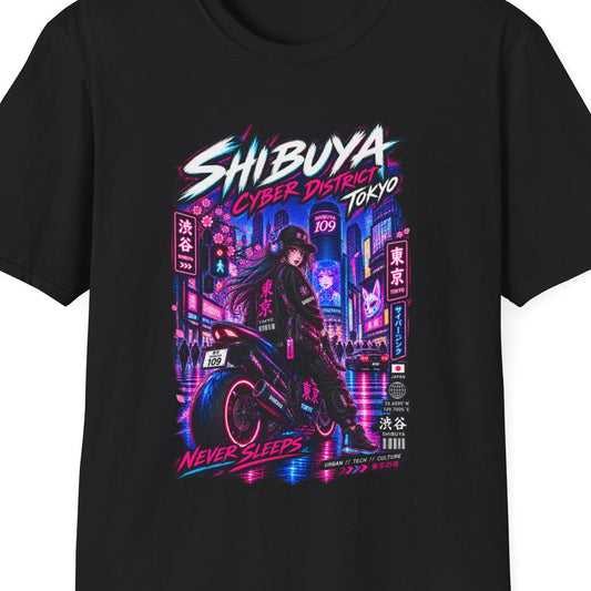 Shibuya Cyber District T-Shirt Schwarz – Cyberpunk Streetwear Vorderansicht – Design Nahaufnahme
