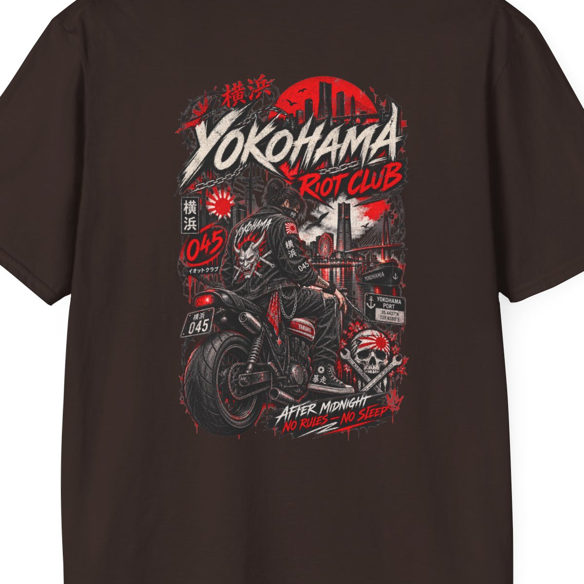 Yokohama Night Rider T-Shirt braun — Japan Biker Streetwear Vorderansicht – Design Nahaufnahme