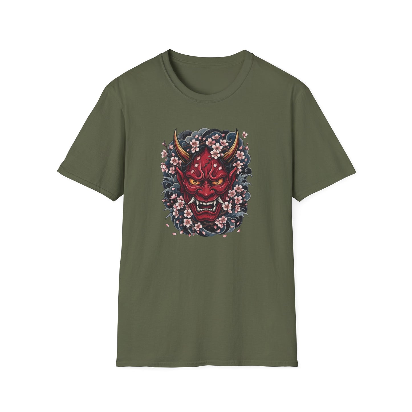 Hannya Maske T-Shirt military green — Kirschblüten Streetwear Vorderansicht
