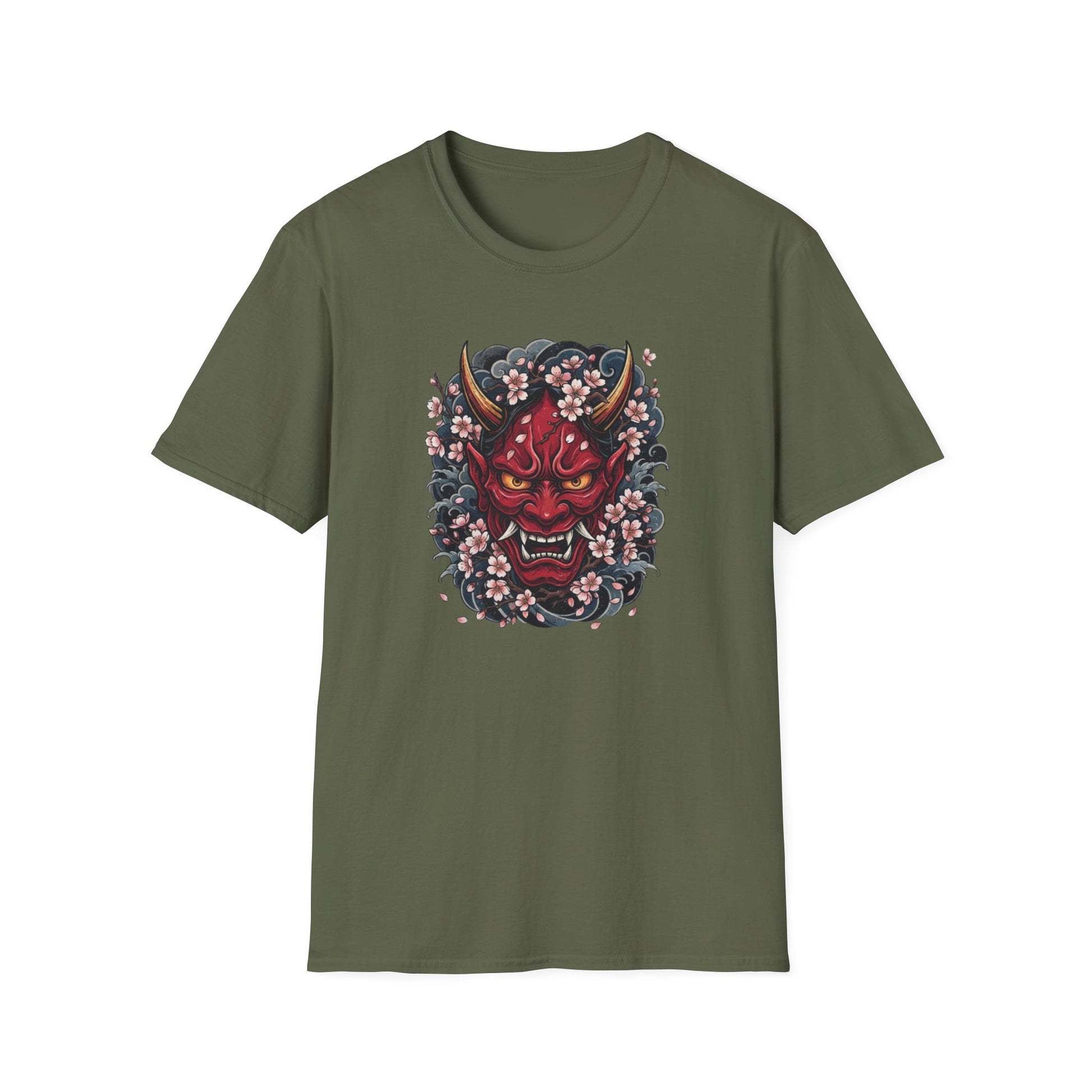 Hannya Maske T-Shirt military green — Kirschblüten Streetwear Vorderansicht