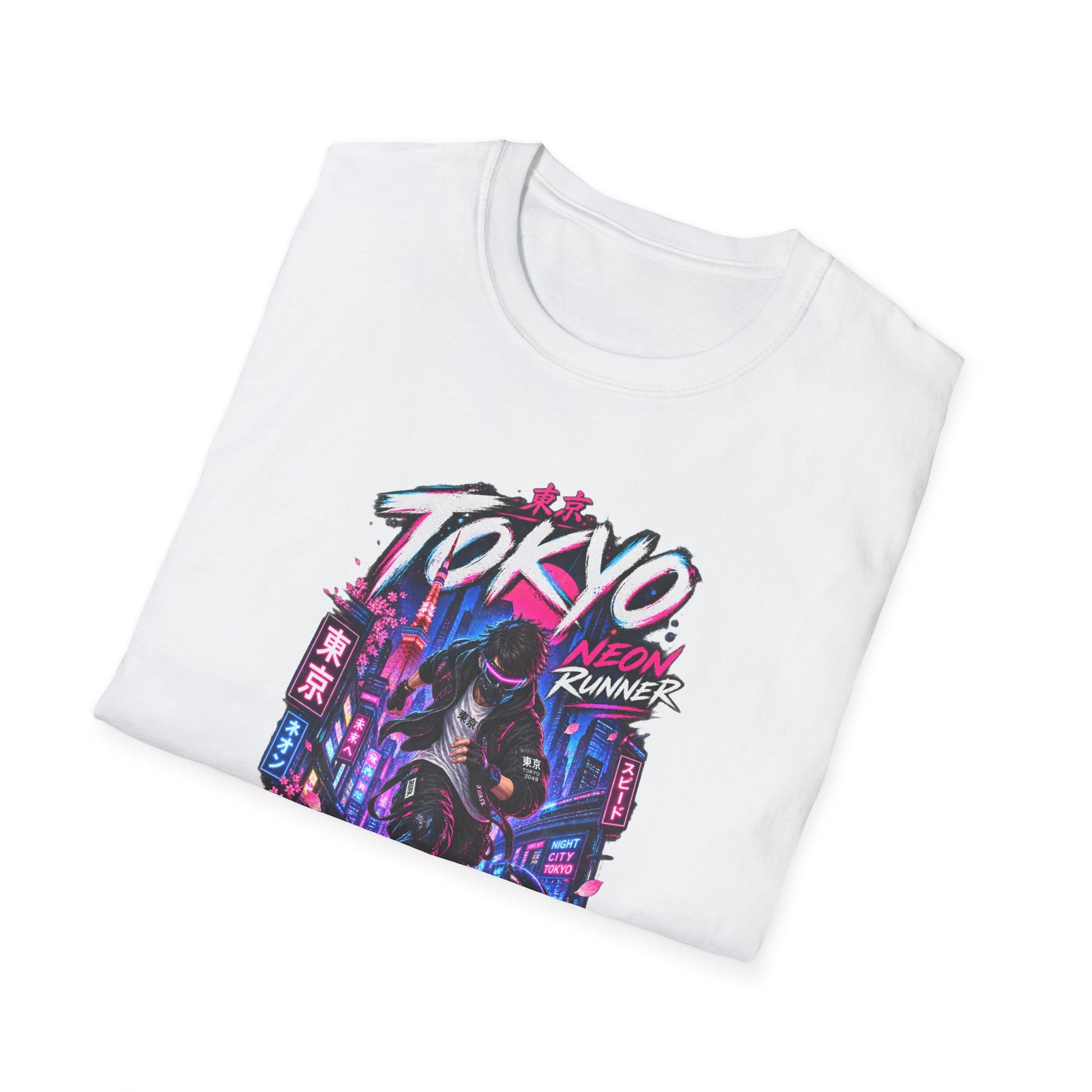 Tokyo Neon Runner T-Shirt weiss gefaltet – Japanese Streetwear Detail