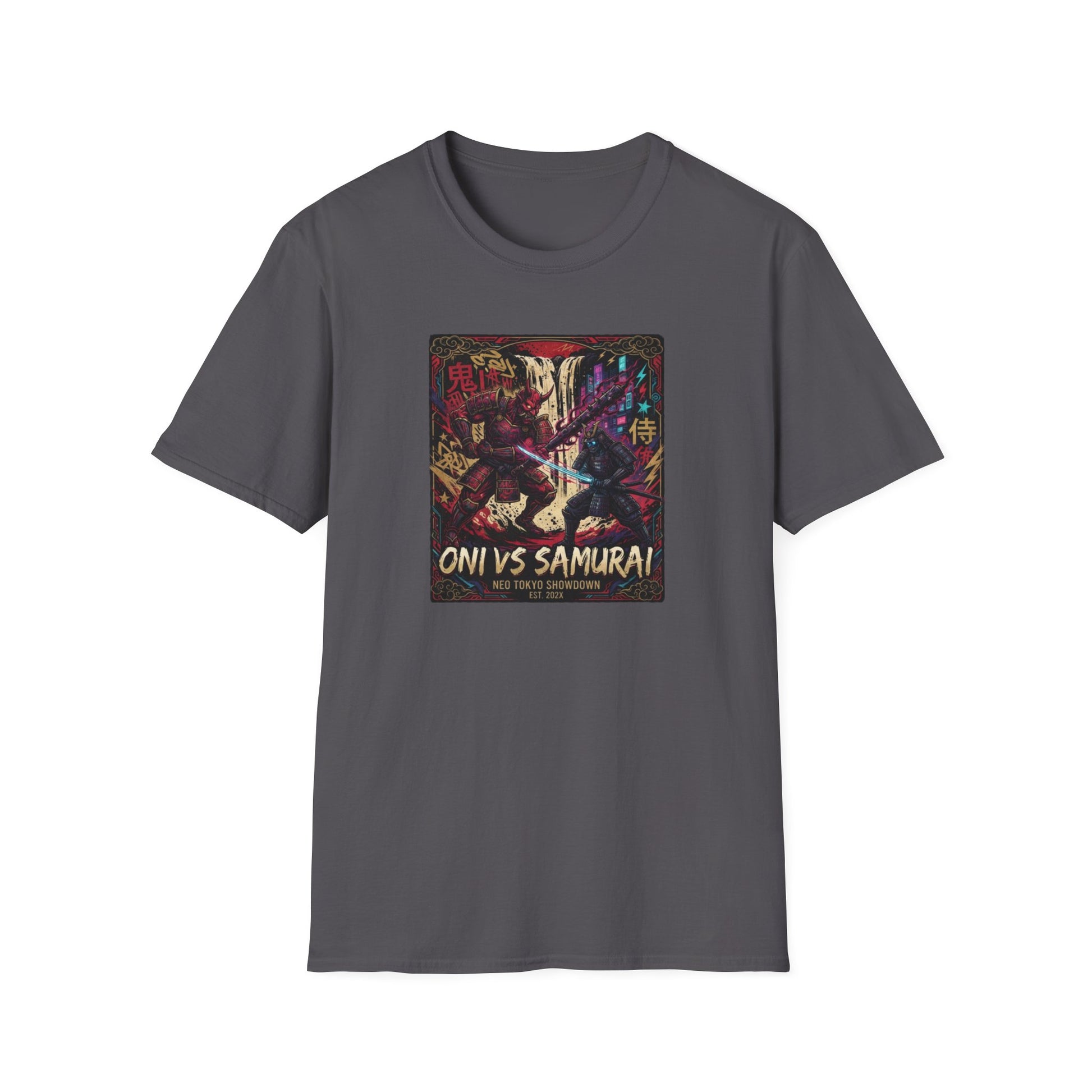 Oni vs Samurai T-Shirt Grau – Japanese Streetwear Anime Vorderansicht