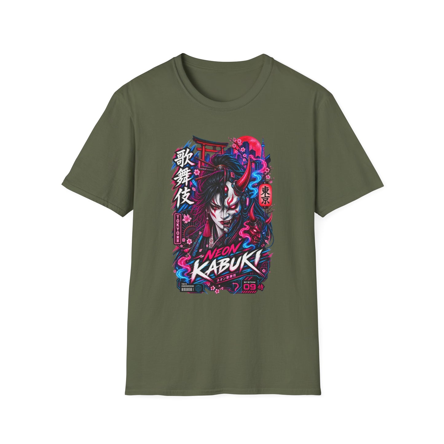 Neon Kabuki T-Shirt Military Green — Japanese Streetwear Vorderansicht