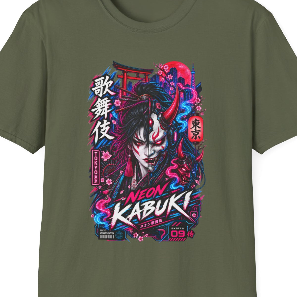 Neon Kabuki T-Shirt Military Green — Japanese Streetwear Vorderansicht – Design Nahaufnahme