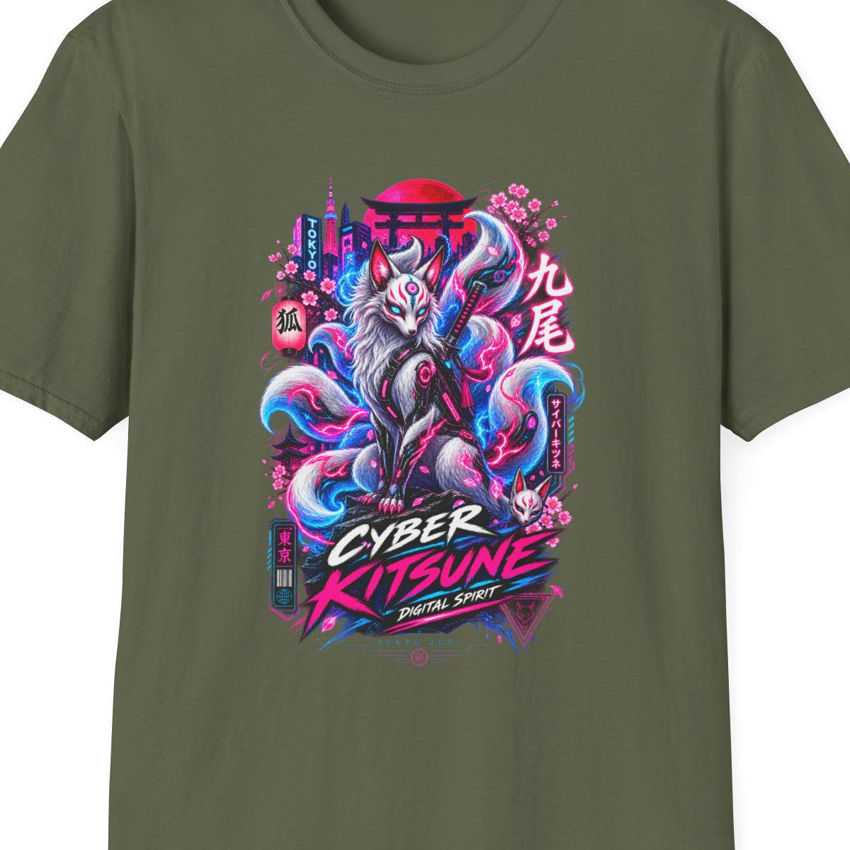 Sakura Kitsune T-Shirt Military Green — Cyberpunk Fox Streetwear Vorderansicht – Design Nahaufnahme