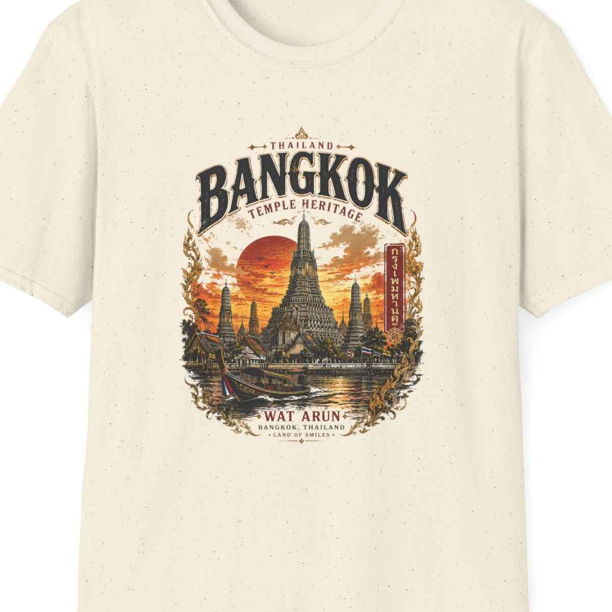 Wat Arun Tempel T-Shirt – Bangkok Thailand Vintage Streetwear mit Retro-Poster-Print – Design Nahaufnahme