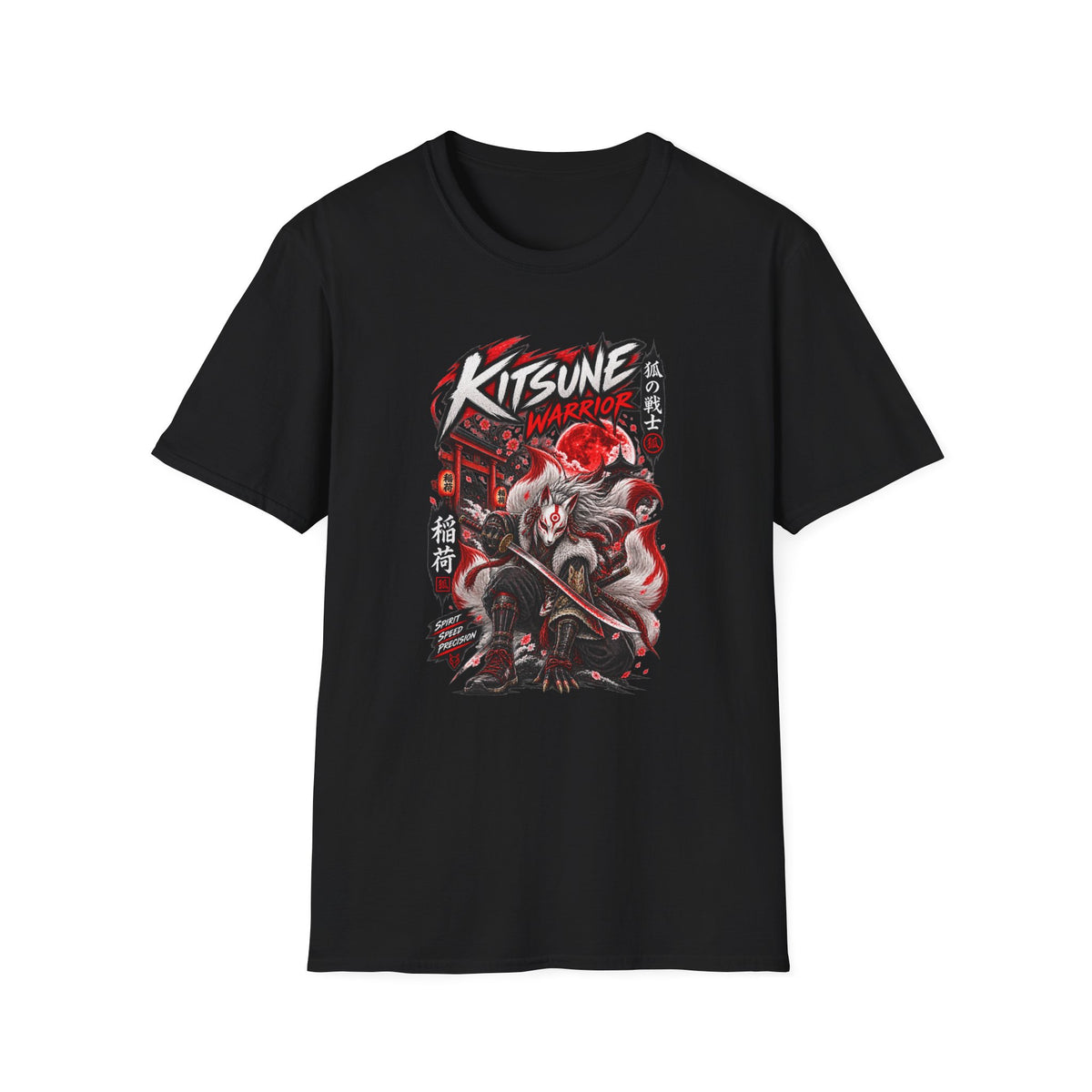 Kitsune Warrior T-Shirt schwarz — Fuchs Samurai Graphic Tee Japanese Streetwear Vorderansicht