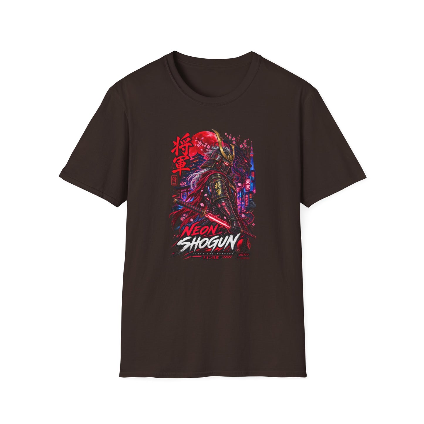 Neon Shogun T-Shirt Dark Chocolate – Cyberpunk Samurai Streetwear Vorderansicht
