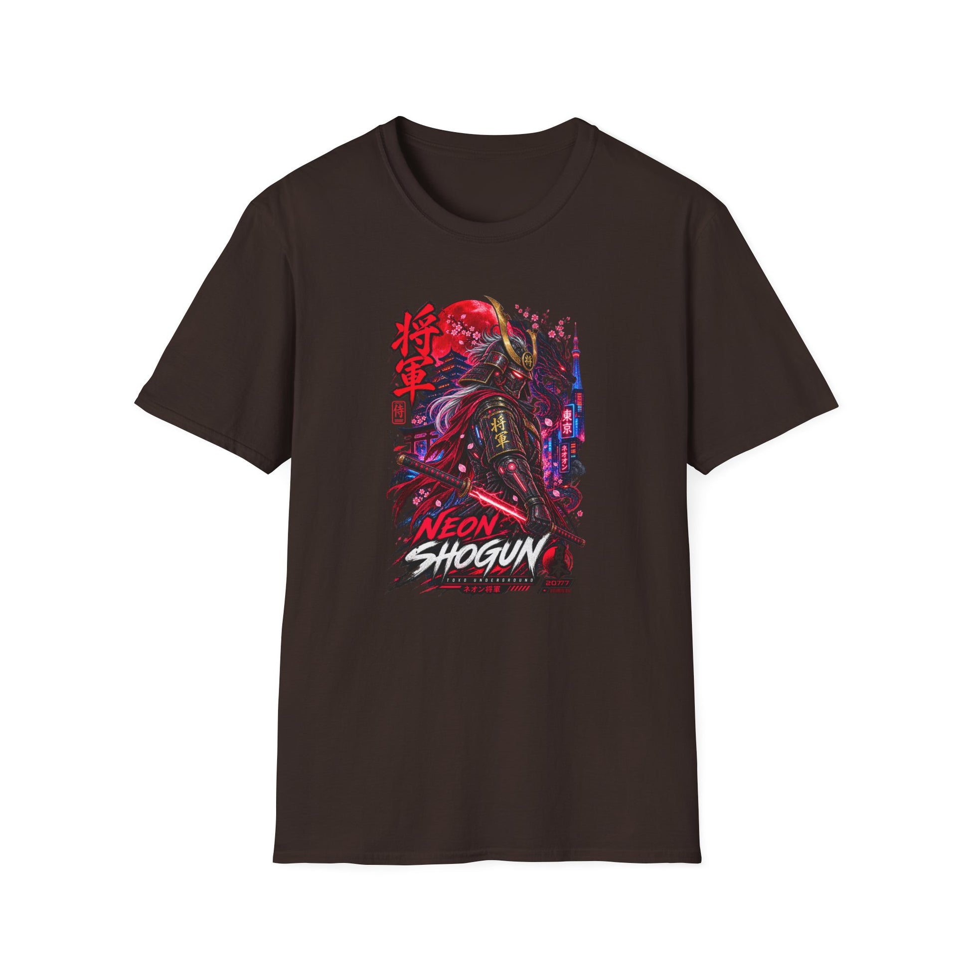 Neon Shogun T-Shirt Dark Chocolate – Cyberpunk Samurai Streetwear Vorderansicht
