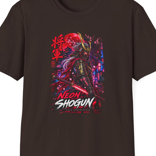 Neon Shogun T-Shirt Dark Chocolate – Cyberpunk Samurai Streetwear Vorderansicht – Design Nahaufnahme
