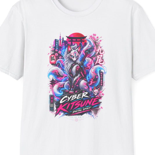 Sakura Kitsune T-Shirt White — Cyberpunk Fox Streetwear Vorderansicht – Design Nahaufnahme