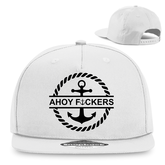 SnapbackAHOY F*CKERS Snapback in Weiß mit schwarzem Anker-Design – maritime Streetwear Cap, flaches Visier, größenverstellbar, Unisex Festival- und Outdoor-MützeRapper Cap ahoi - Wild Boys Shop