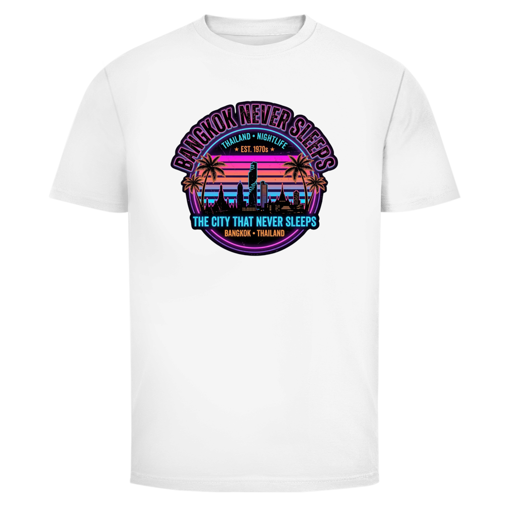 Bangkok Never Sleeps T-Shirt — Thailand Nightlife Vintage Graphic Tee | Reise Geschenk – T-Shirt Rückansicht