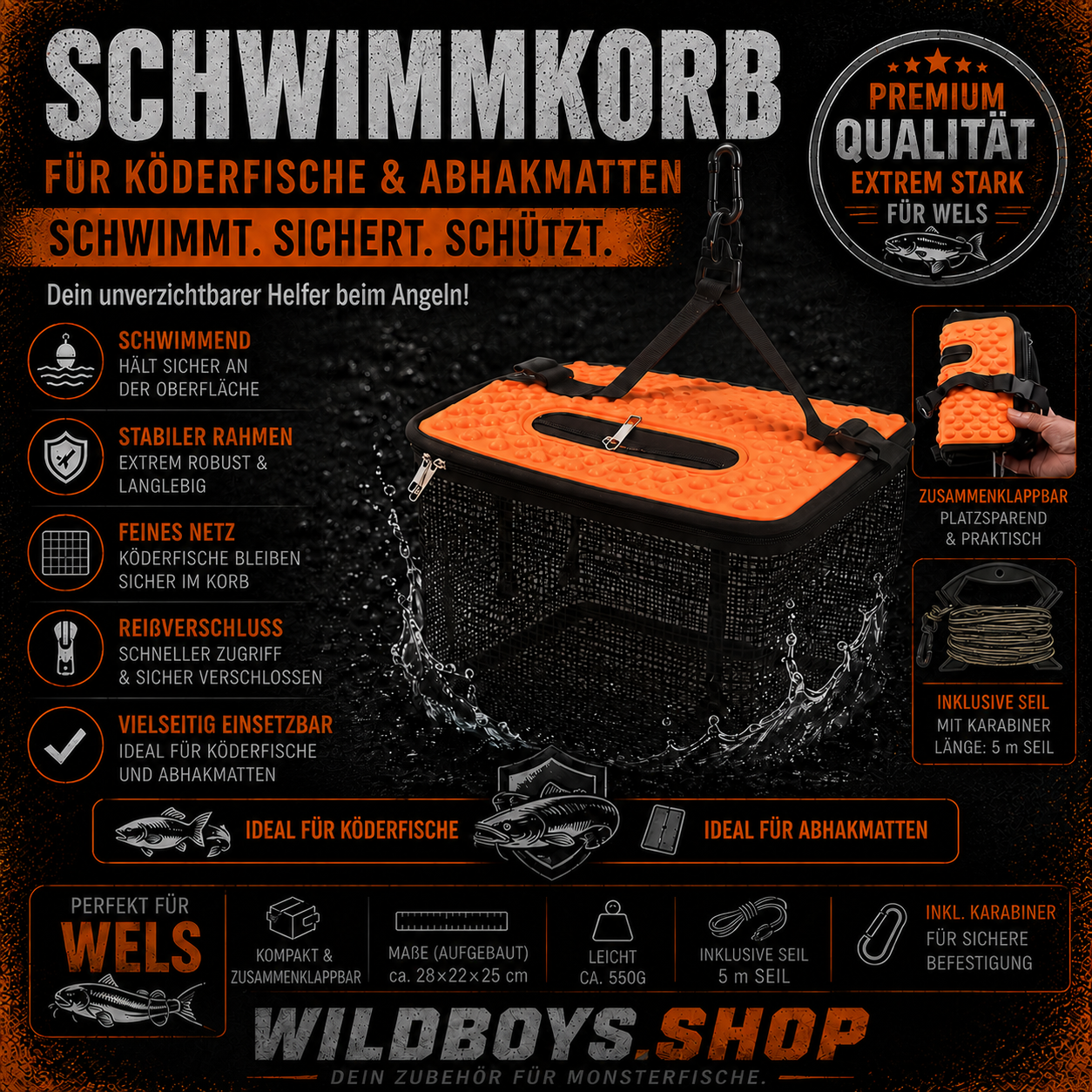 Wild Boys Schwimmkorb für Köderfische und Abhakmatten in Orange-Schwarz – schwimmend, klappbar, mit feinem Netz, Reißverschluss, 5 m Seil und Karabiner – Premium-Wels-Zubehör von wildboys.shop