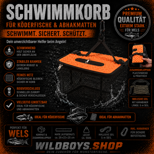 Wild Boys Schwimmkorb für Köderfische und Abhakmatten in Orange-Schwarz – schwimmend, klappbar, mit feinem Netz, Reißverschluss, 5 m Seil und Karabiner – Premium-Wels-Zubehör von wildboys.shop
